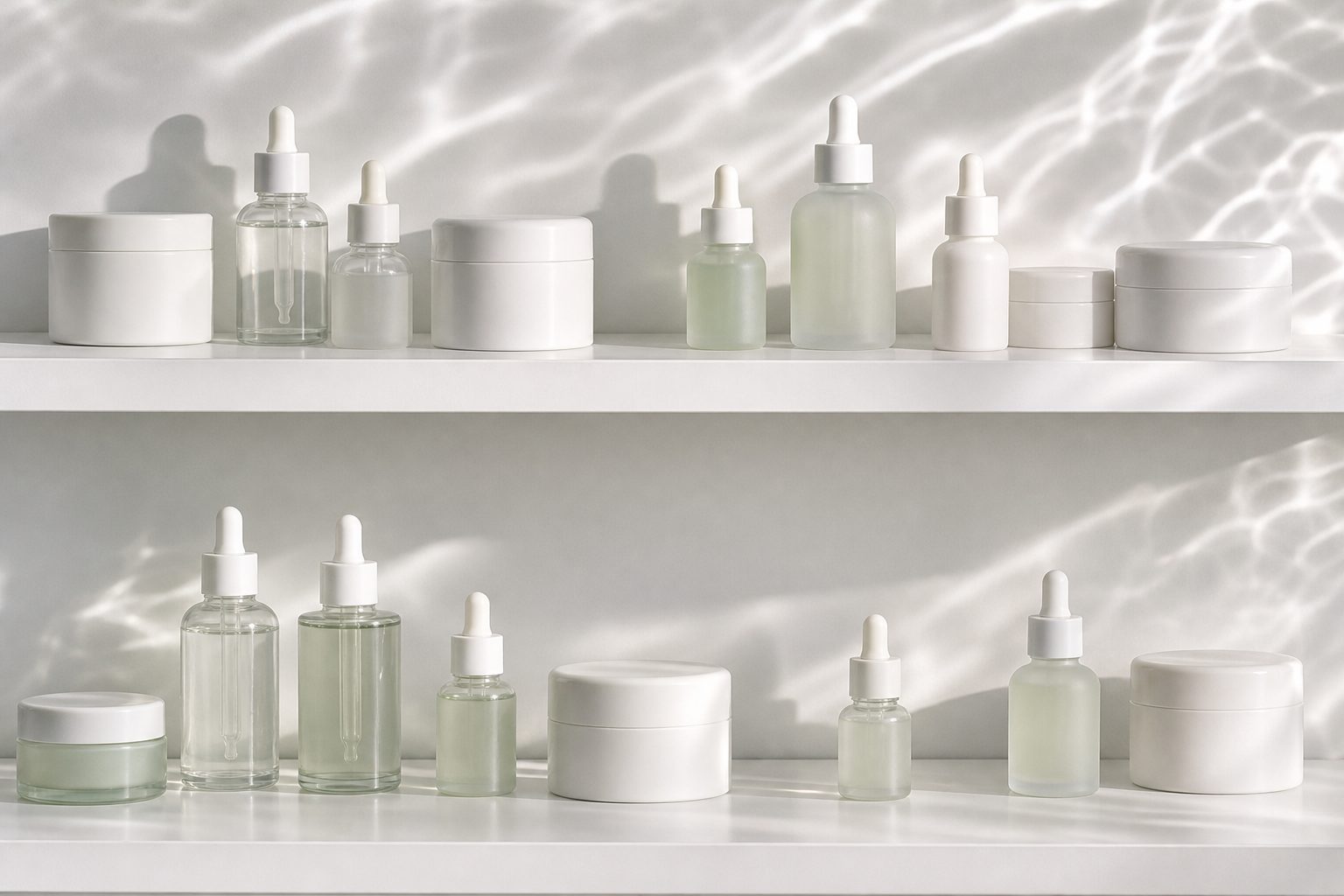 Open backbar shelf of plain cream jars and dropper bottles in bright diffused studio light