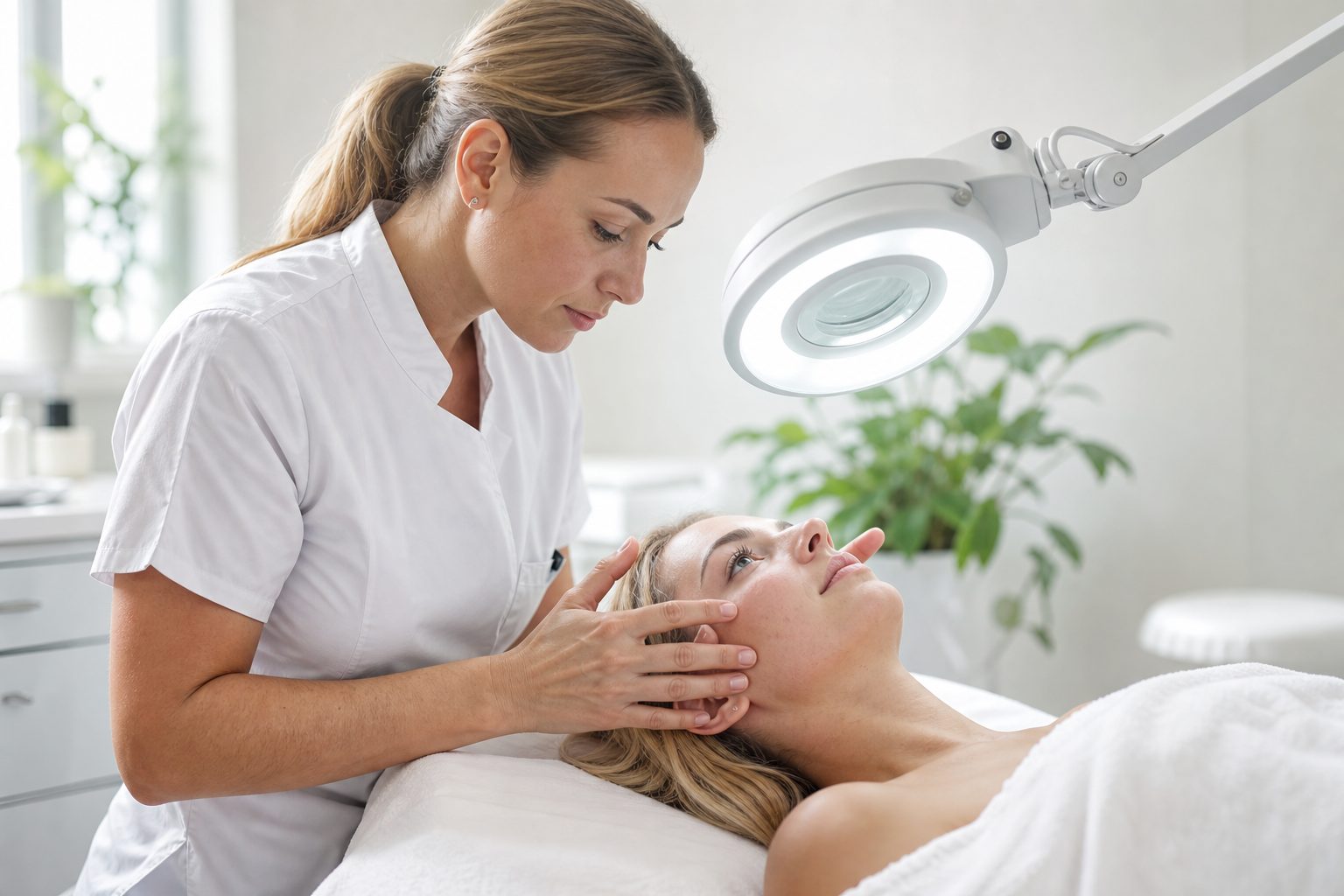 Esthetician examining a client's skin under a magnifying lamp in a bright treatment room