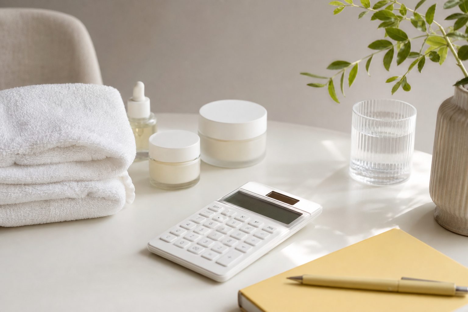 Calculator, folded white towels and skincare jars arranged on a bright white desk