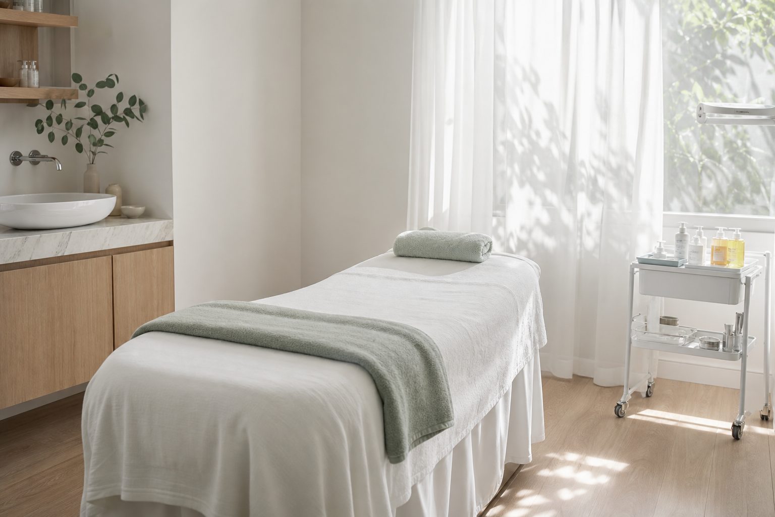 Empty bright treatment suite with facial bed, sink and rolling cart lit by morning daylight
