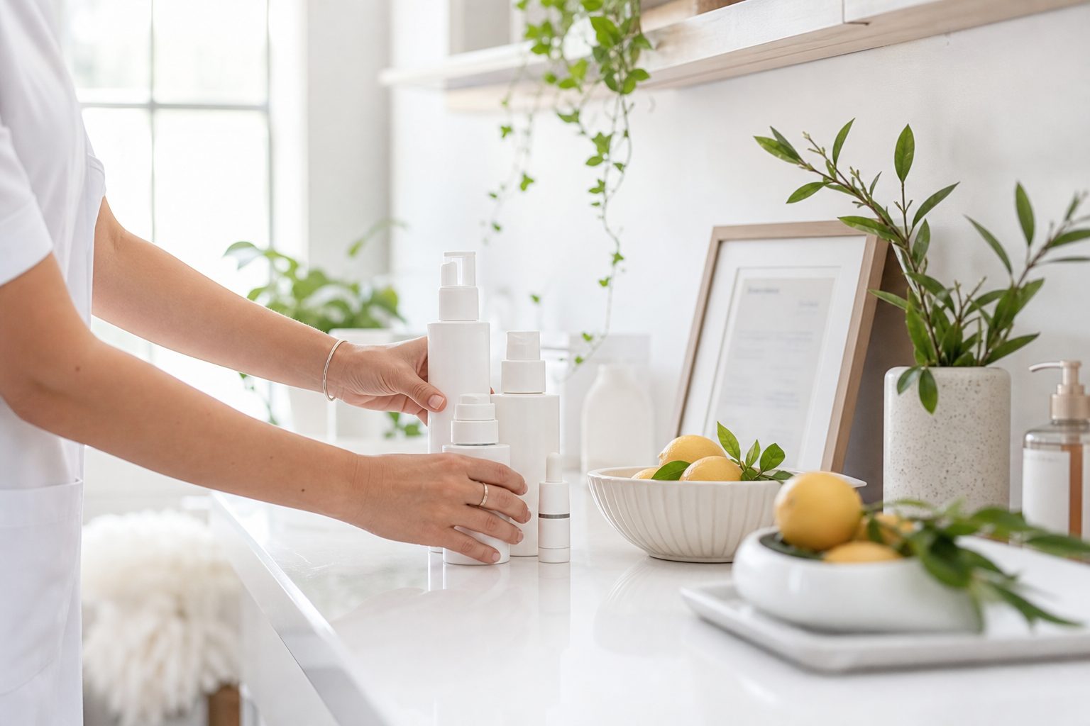 Esthetician arranging product bottles beside a framed license on a bright white studio counter