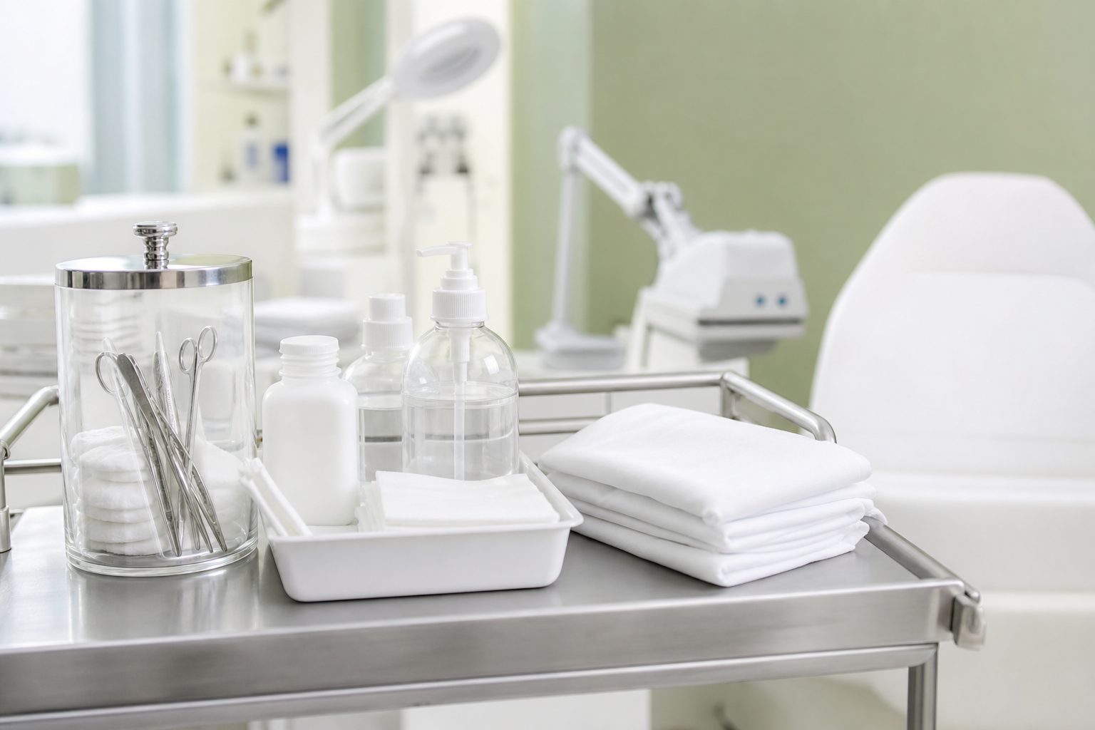 Covered implement jar, disinfectant tray and folded linens on a stainless cart in a spotless treatment room