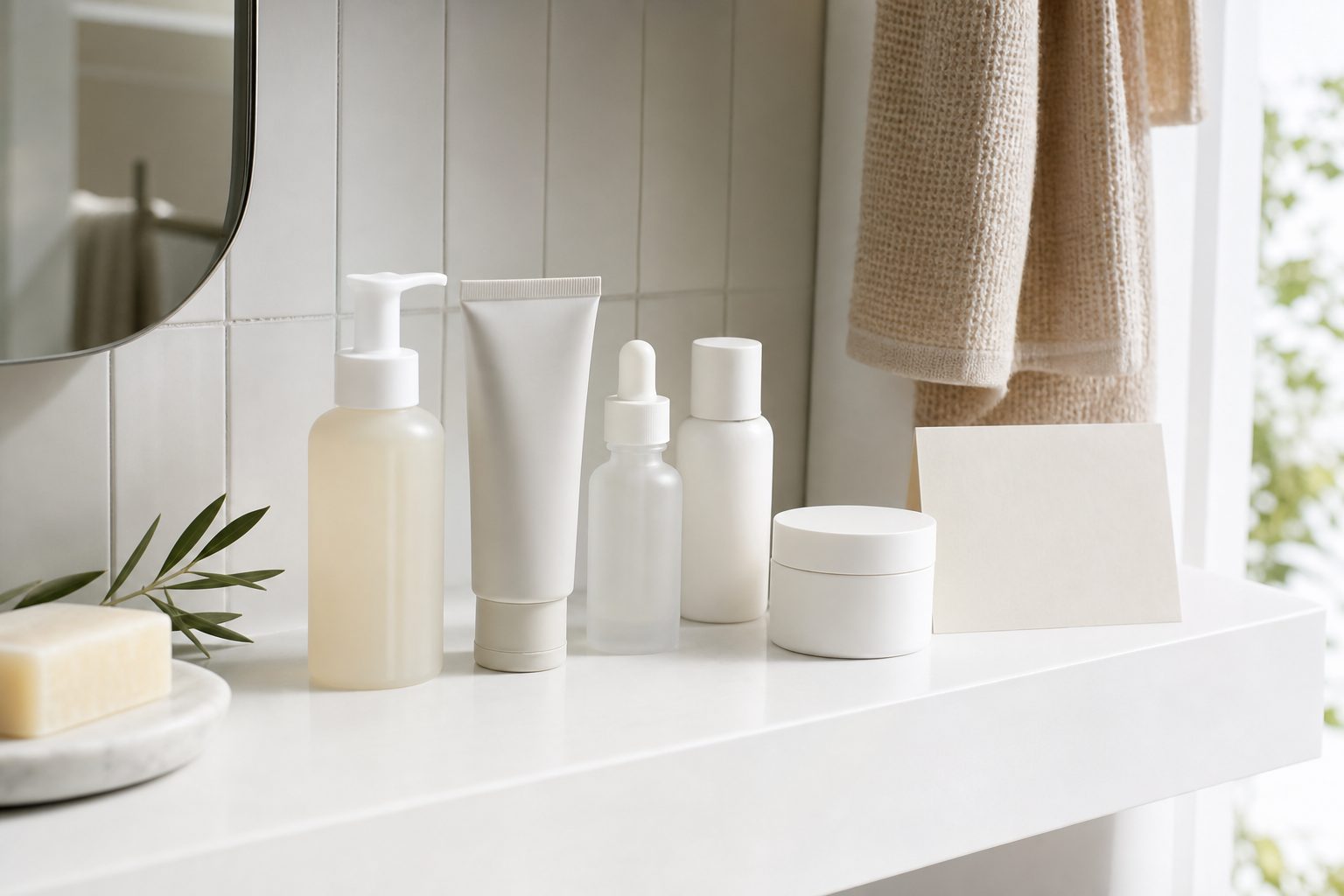 Row of plain skincare bottles and a folded routine card on a bright white bathroom shelf