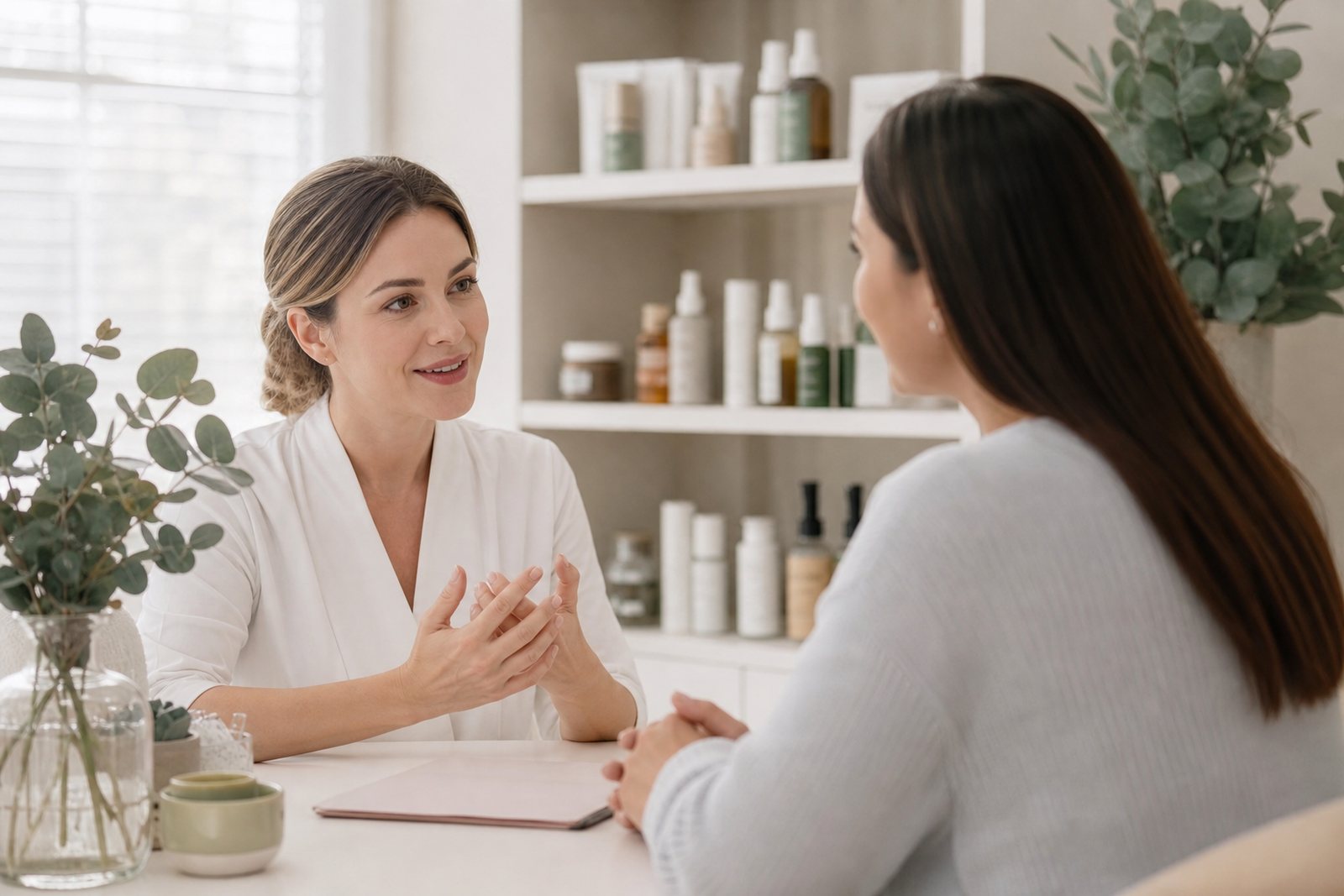 An esthetician reviewing a skin consultation at a small desk in a bright treatment studio with product bottles on the shelf behind her