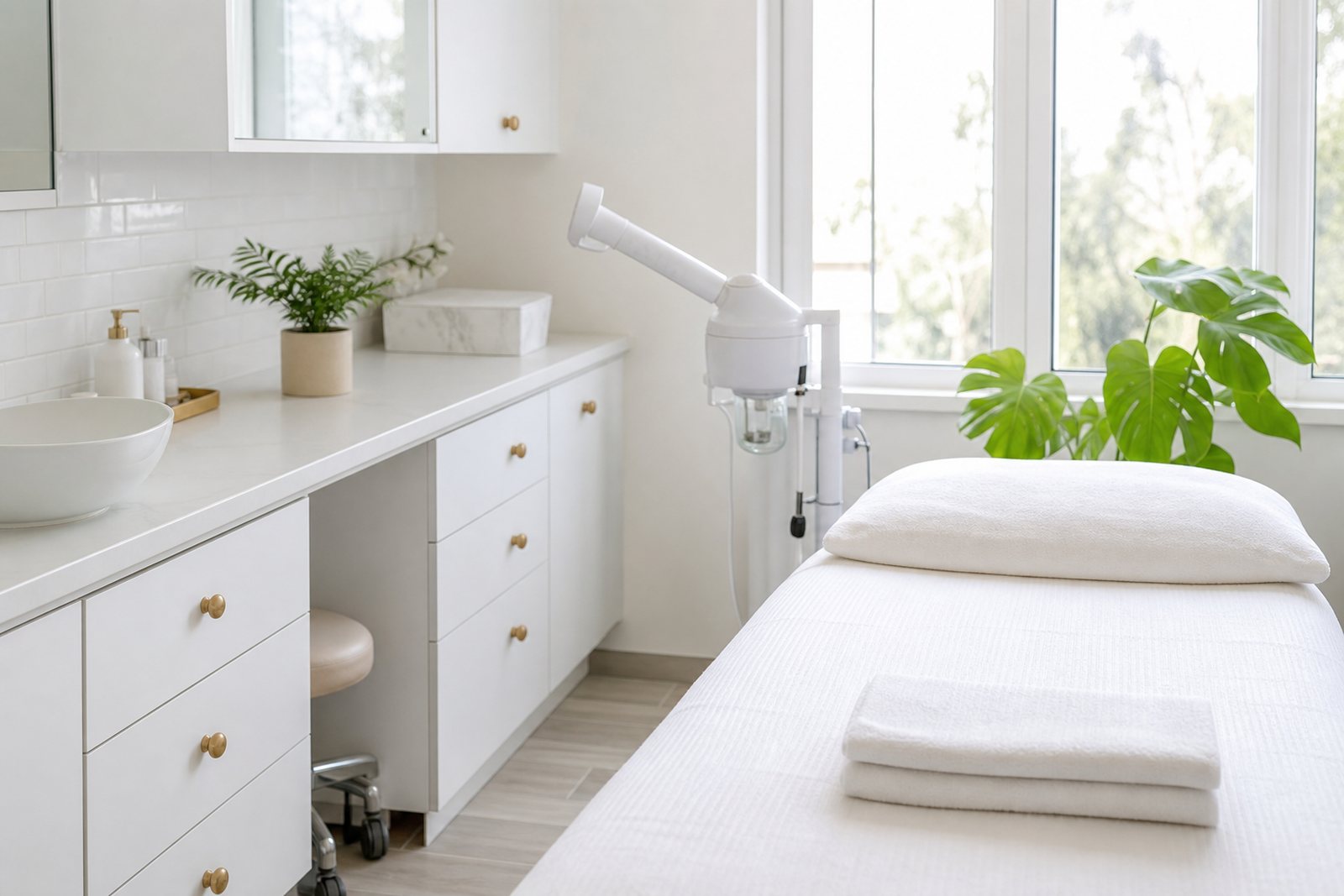 A calm esthetics treatment room with a facial bed, folded white towels, a steamer and a green plant in daylight